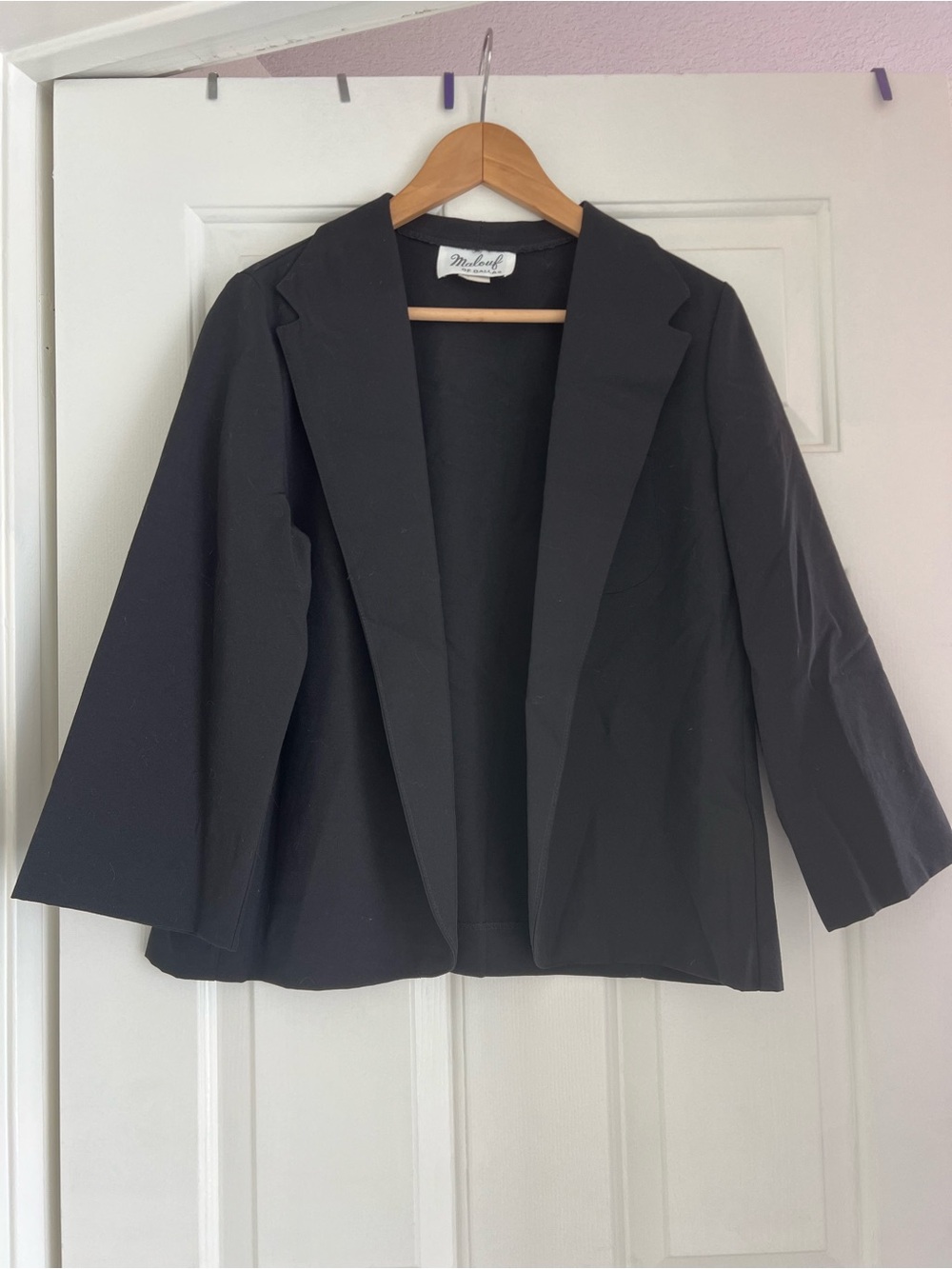 Vintage 70s Malouf of Dallas Lightweight Black Open Front Blazer Patch Pocket 14